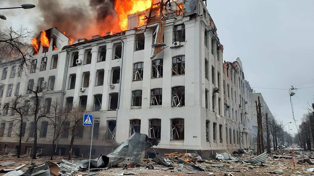 A building in Ukraine is seen on fire.