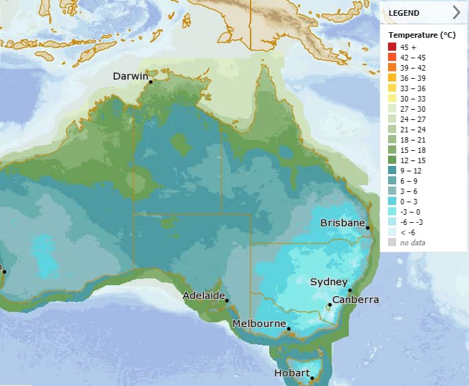 A graphic depicting cold overnight minimum temperatures on top of a map of Australia.