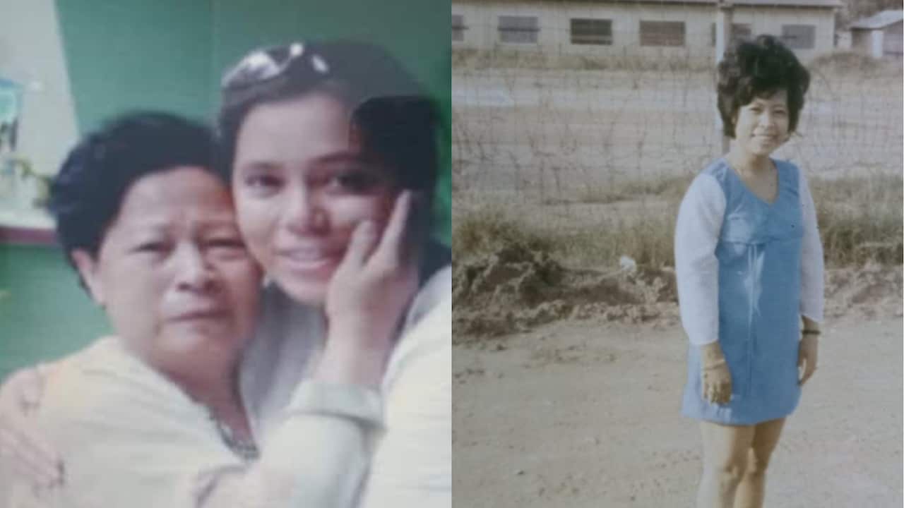 (Left) Suanne Prager and her Vietnamese birth mother hugging. (Right) Suanne's birth mother wearing a blue minidress outside a US Army base.