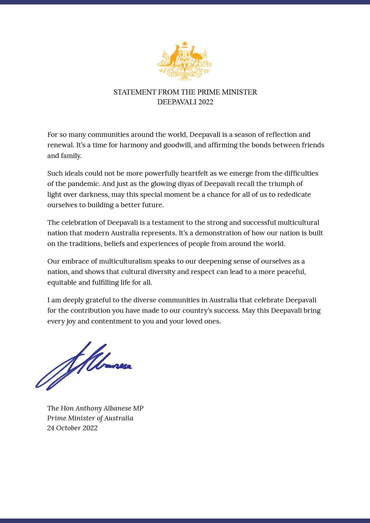 Prime Minister Anthony Albanese's message for Diwali