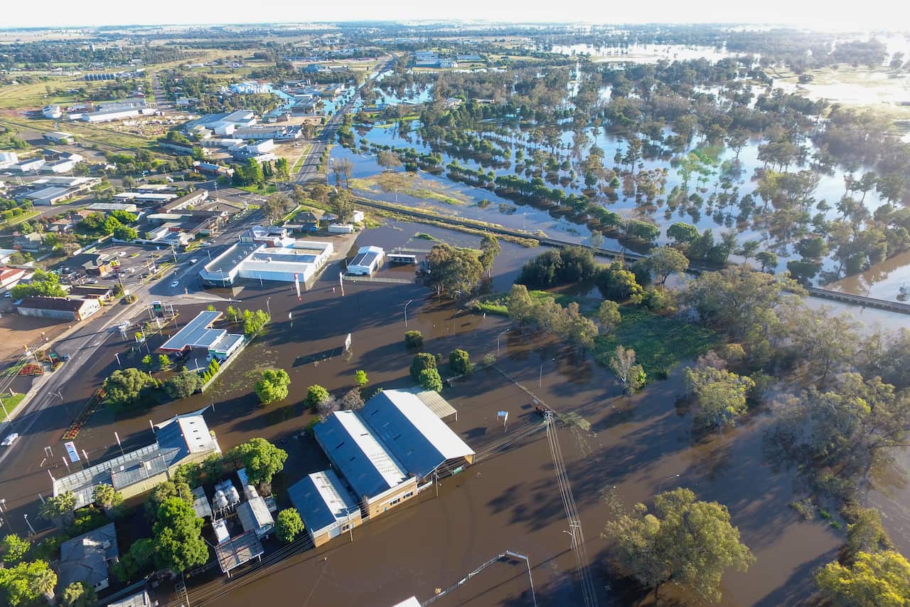 An aerial view of a flooded town