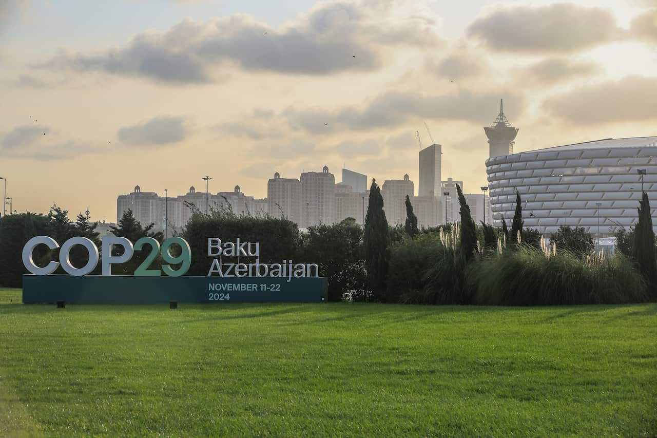 Green field with a sign reading COP29 Baku Azerbaijan in front of city skyline.