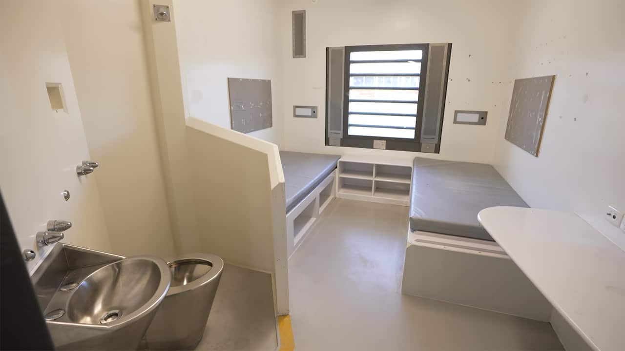 A prison cell with a concrete floor, a toilet behind a small dividing wall and two single beds with mattresses.