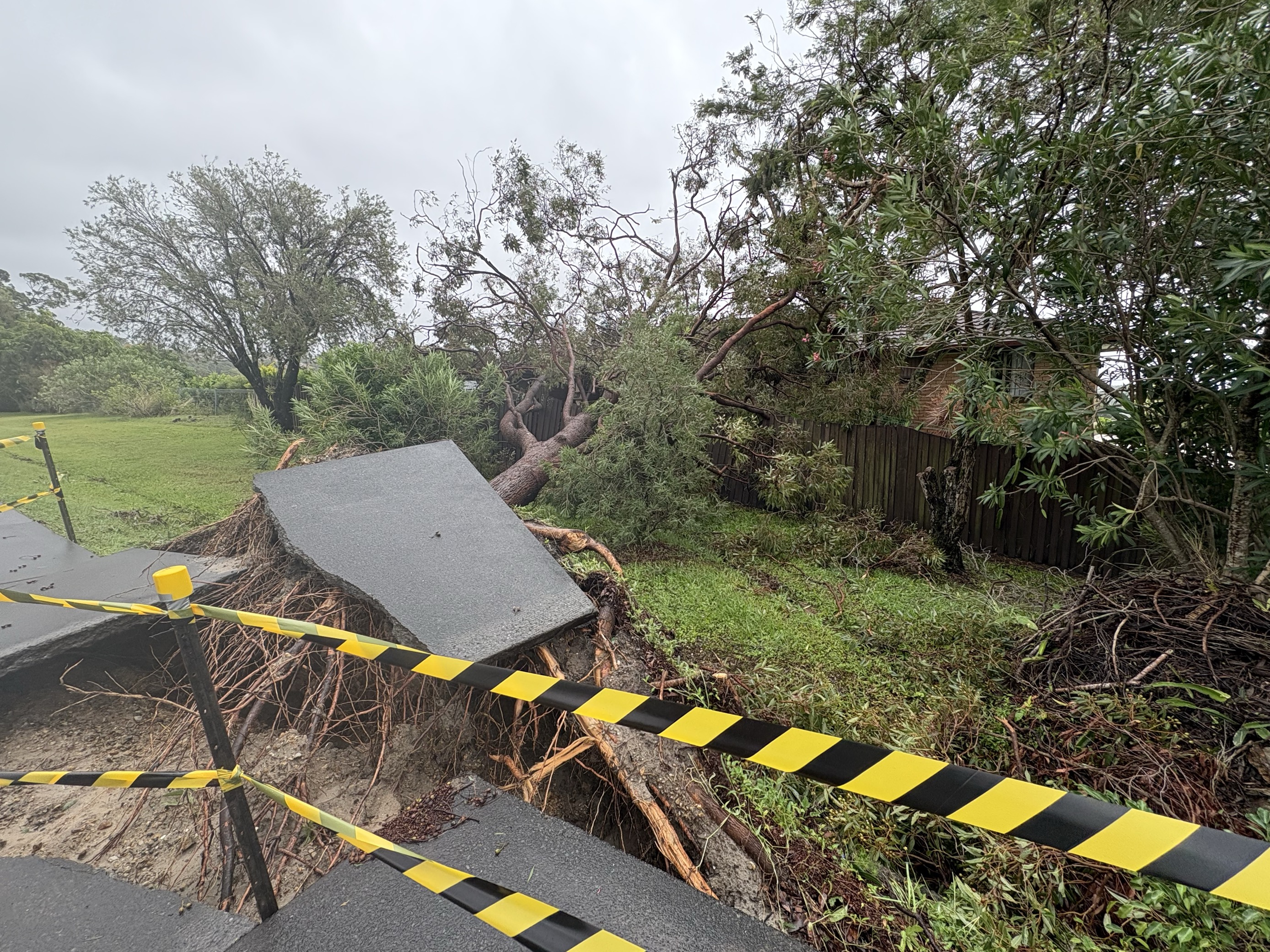 Yellow and black emergency tape surrounds a broken segment of pavement and an uprooted tree, which has fallen on a wooden fence around a brick house.