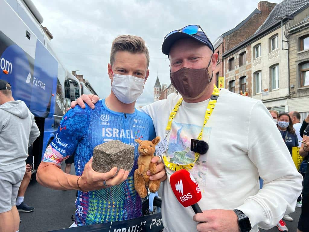 Simon Clarke and Dan Jones after Clarke won the cobbled Stage 5 of the Tour de France