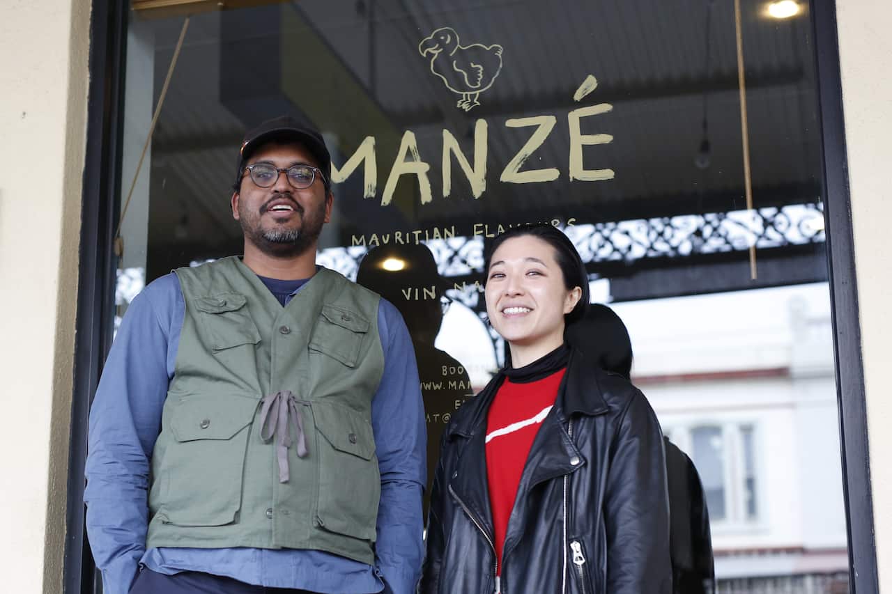 Jess and Nagesh outside Manze.png
