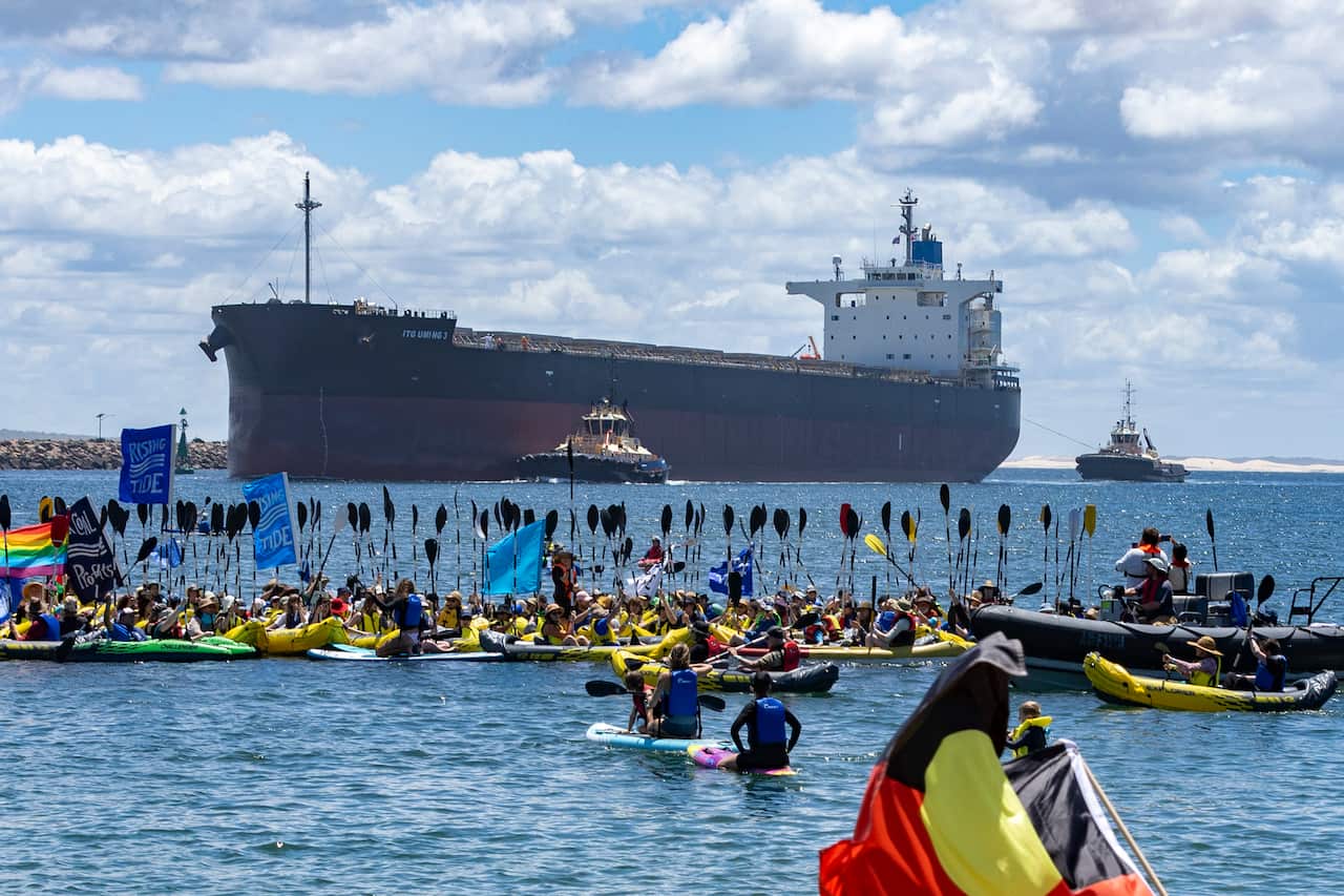 People in kayaks out in the water blocking a ship from passing.