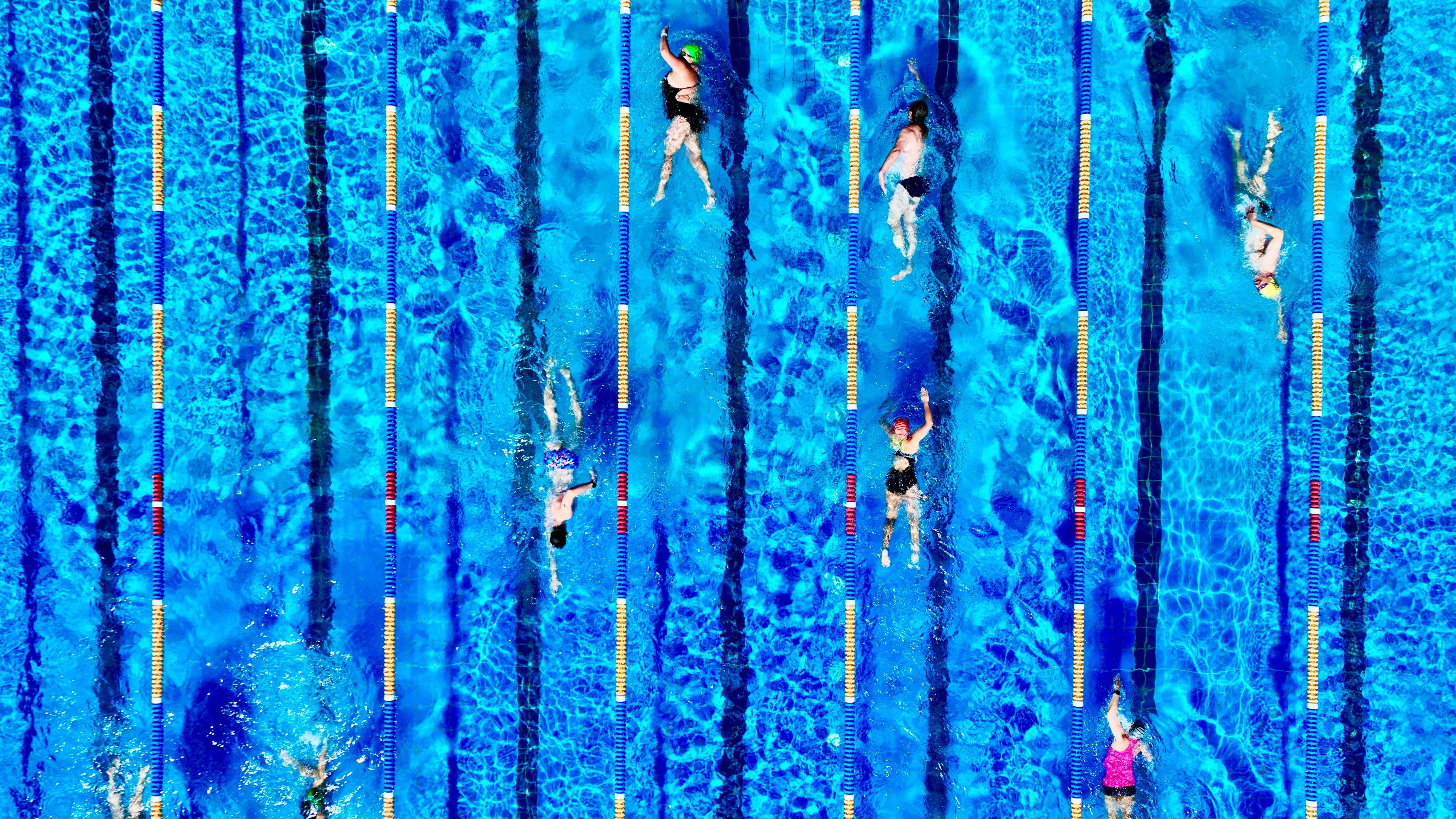 Drone of swimmers doing laps in pool. 