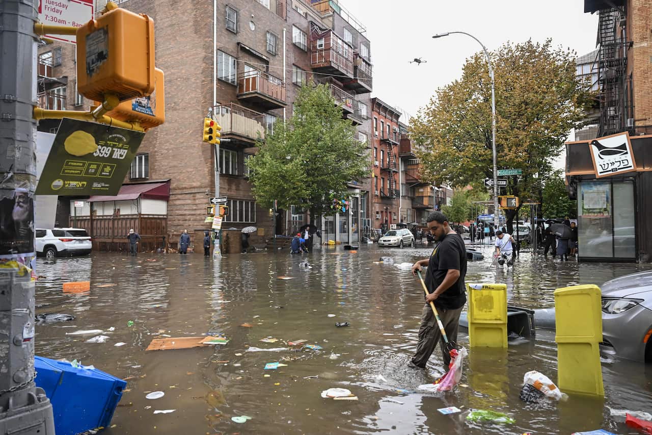 A flooded street.