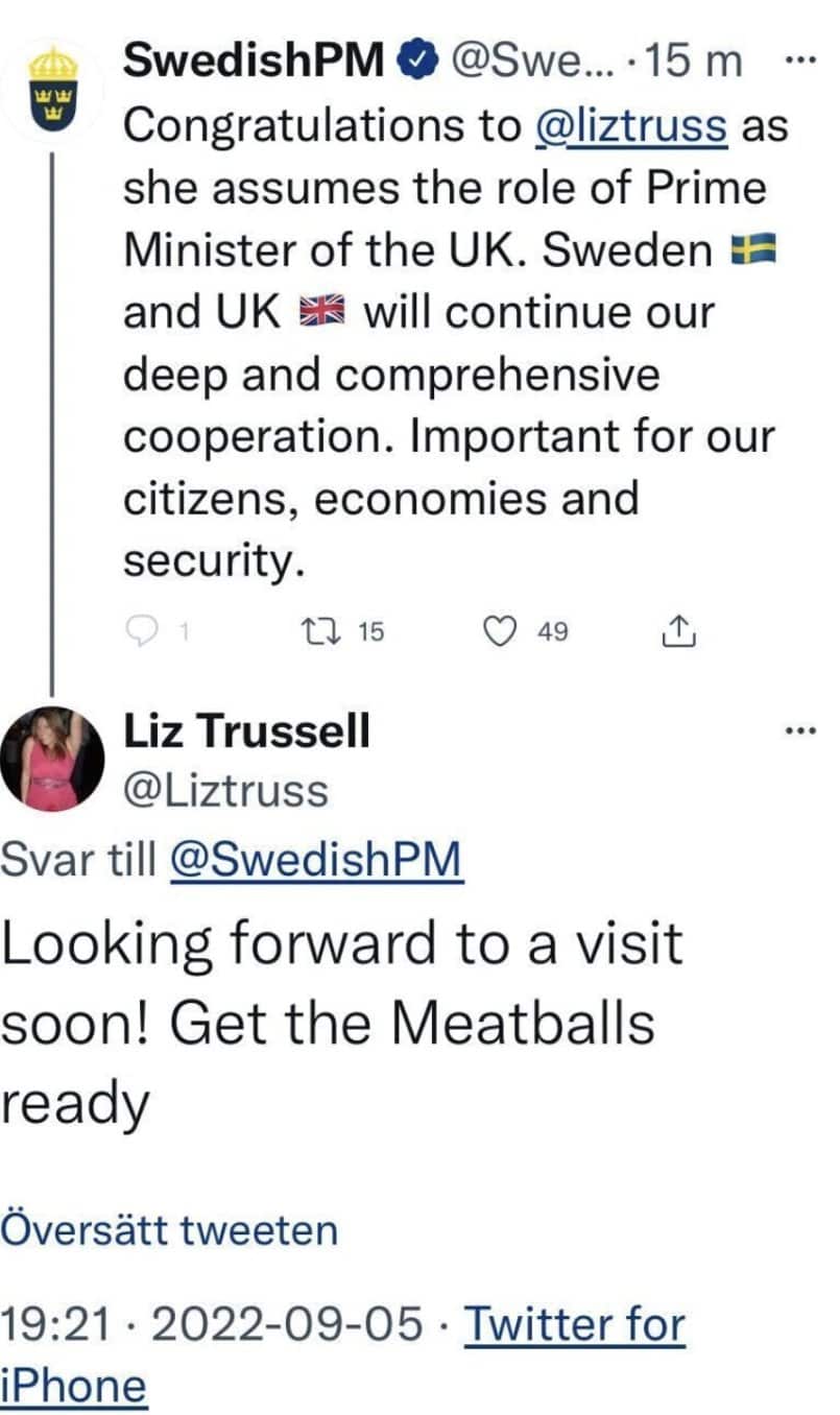 Screenshot of tweet that reads: "Congratulations to @liztruss as she assumed the role of prime minister of the UK. Sweden and UK will continue our deep and comprehensive cooperation. Important for our citizens, economies and security." 