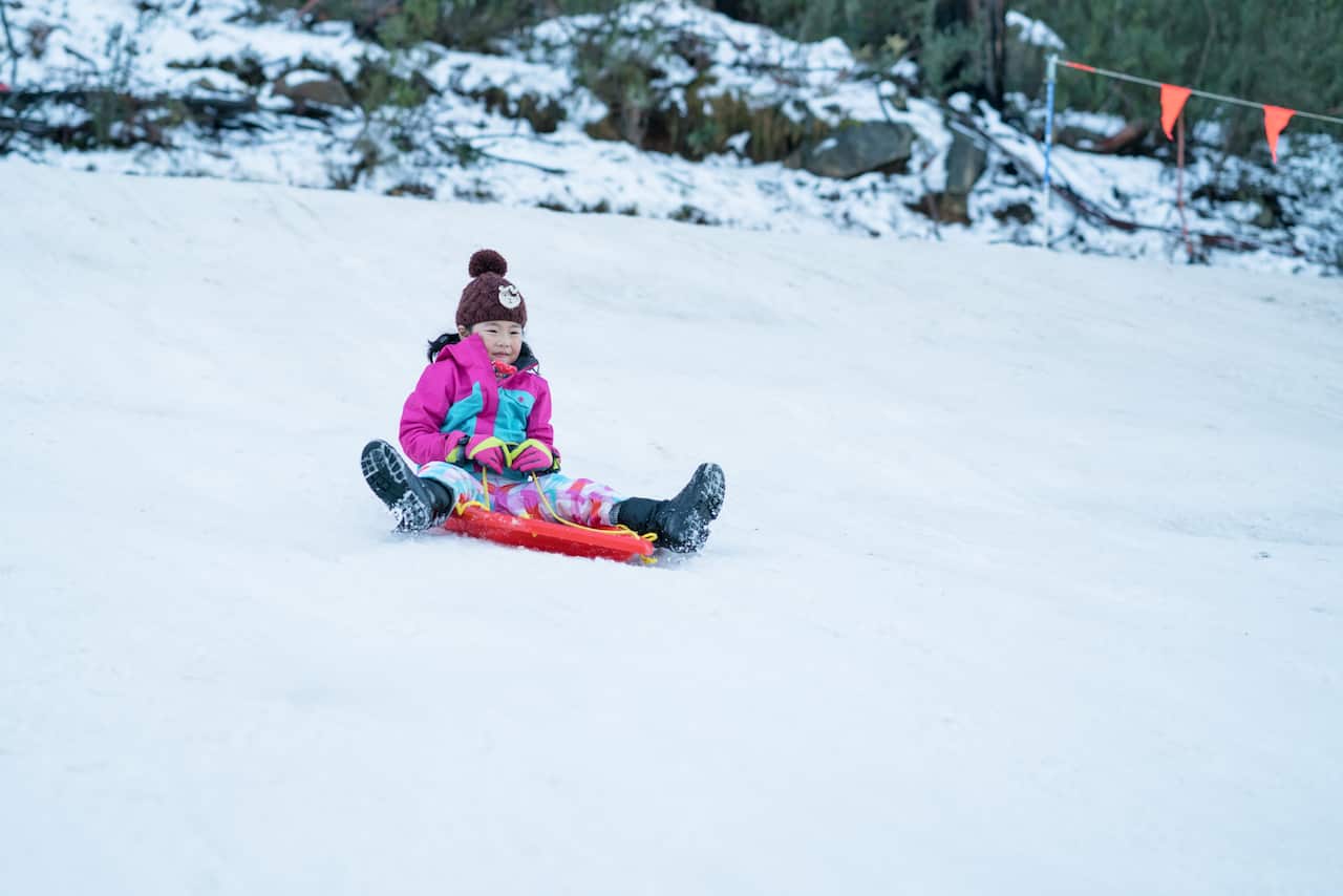 Дівчина на санчатах спускається по снігу