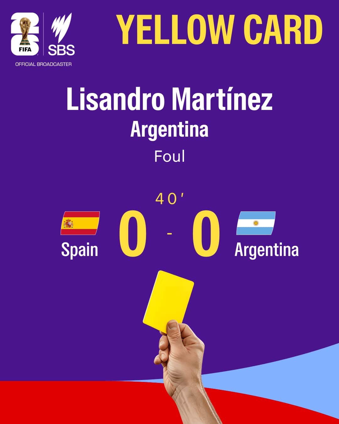 Colourful graphic showing a yellow card given to Lisandro Martinez in the Argentina v Spain World Cup 2026 final.