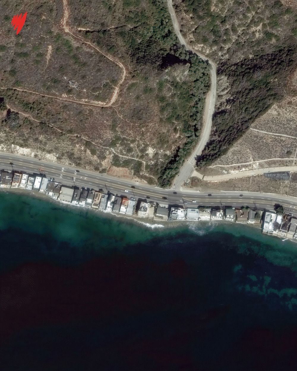 Satellite imagery showing part of a highway before and after a massive wildfire. 