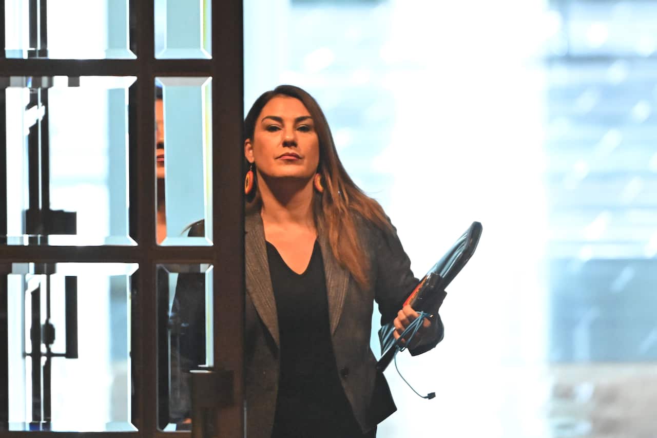 Woman holding papers enters parliament.