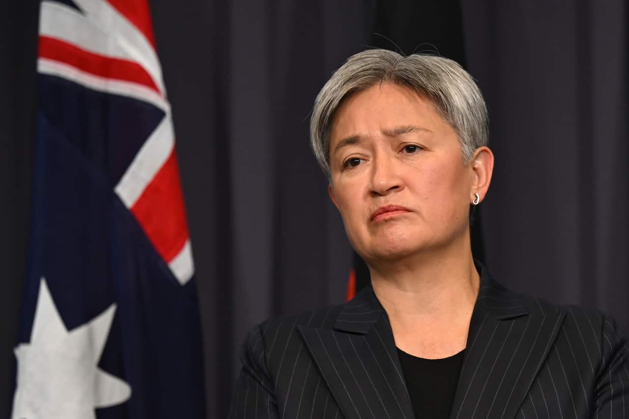 Australian Foreign Minister Penny Wong speaks to the media during a press conference at Parliament House in Canberra