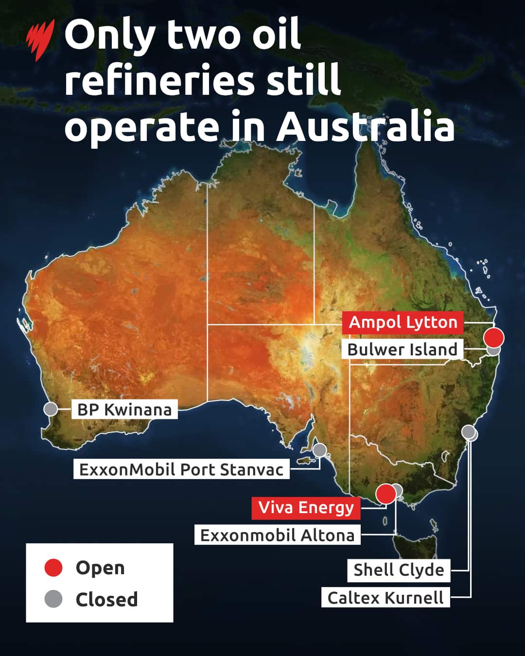 A map of Australia showing the locations of the open and closed oil refineries.