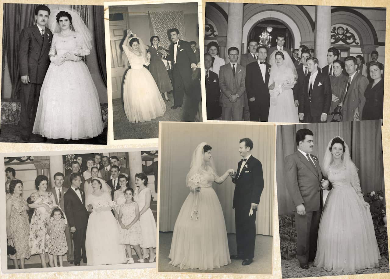 Photo collage of black and white photos showing six women wearing the same wedding dress