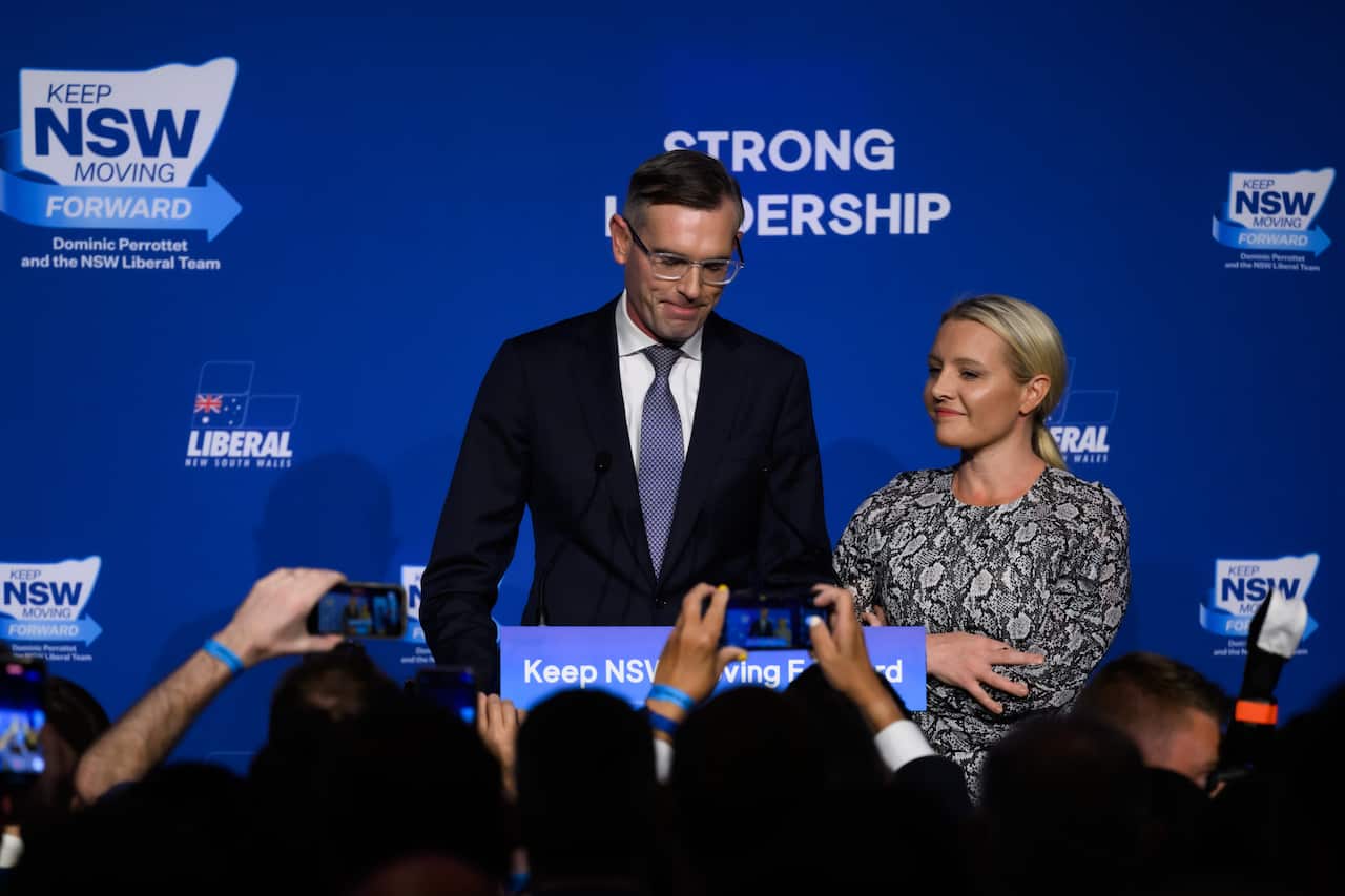 NSW Premier Dominic Perrottet speaking alongside his wife Helen Perrottet at a NSW Liberal Election Night Event, in Sydney,