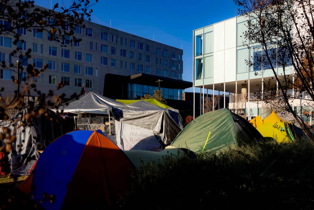 Tents set up at a pro-Palestine encampment at the Australian National University in Canberra.