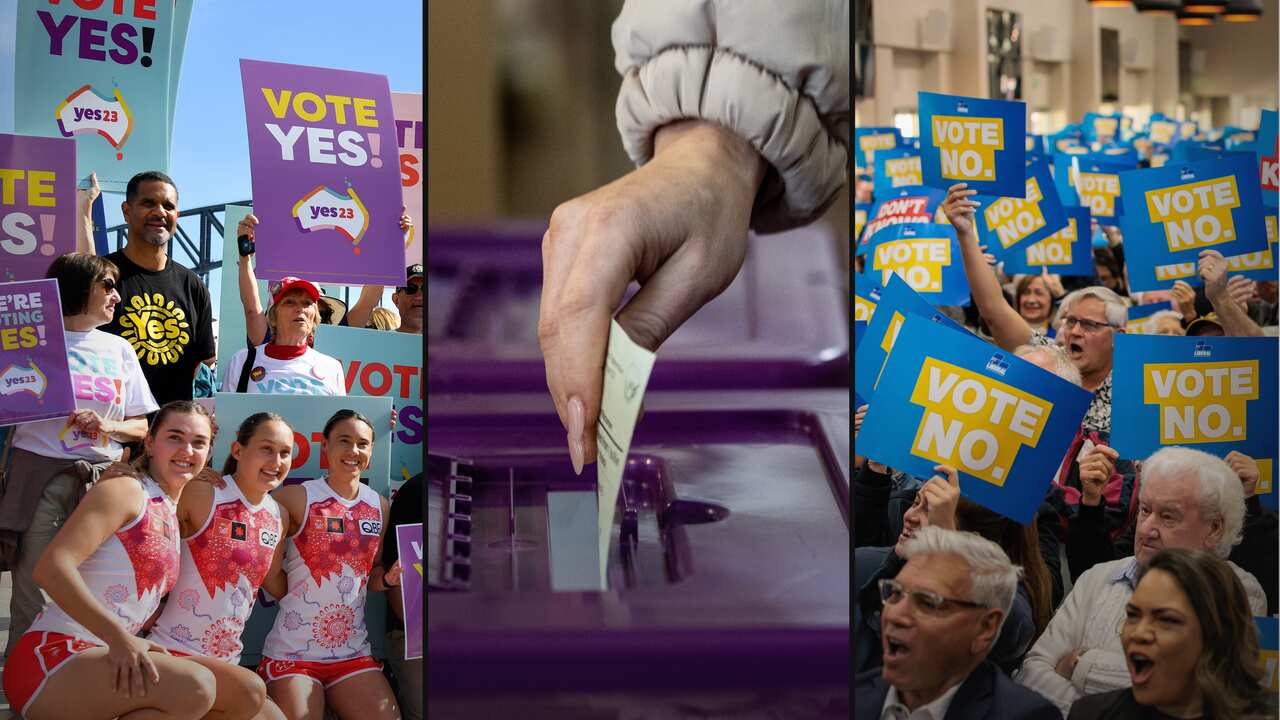 Three-way split image. On the left are people holding placards reading Vote Yes!, in the centre is a hand holding a voting form above a ballot box and on the right are people holding placards reading Vote No.
