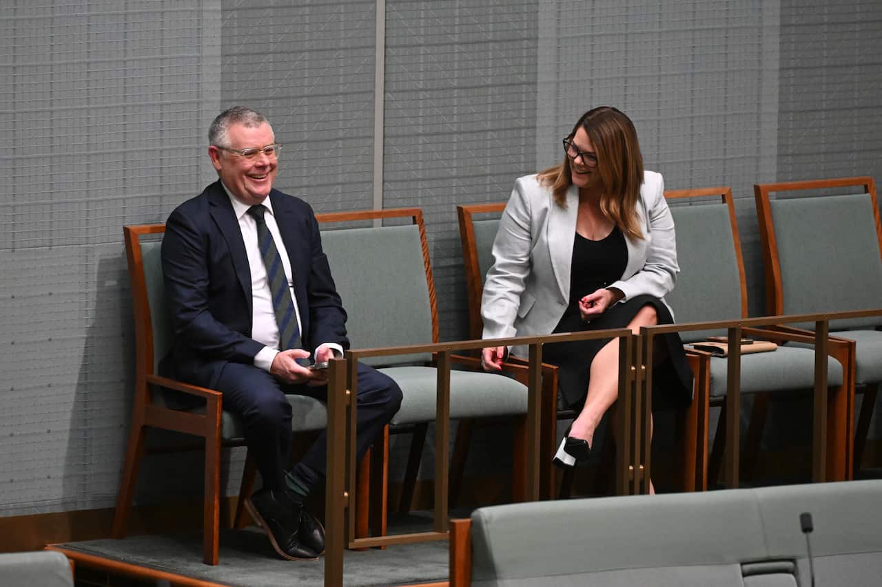 A male and female politician, sitting on chairs on the side of the lower house chamber, both smiling.