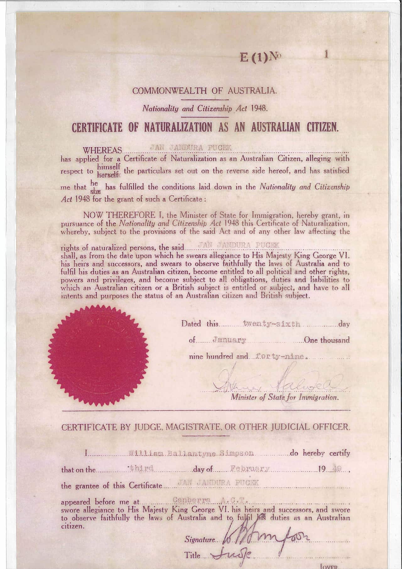 first Australian citizenship certificate