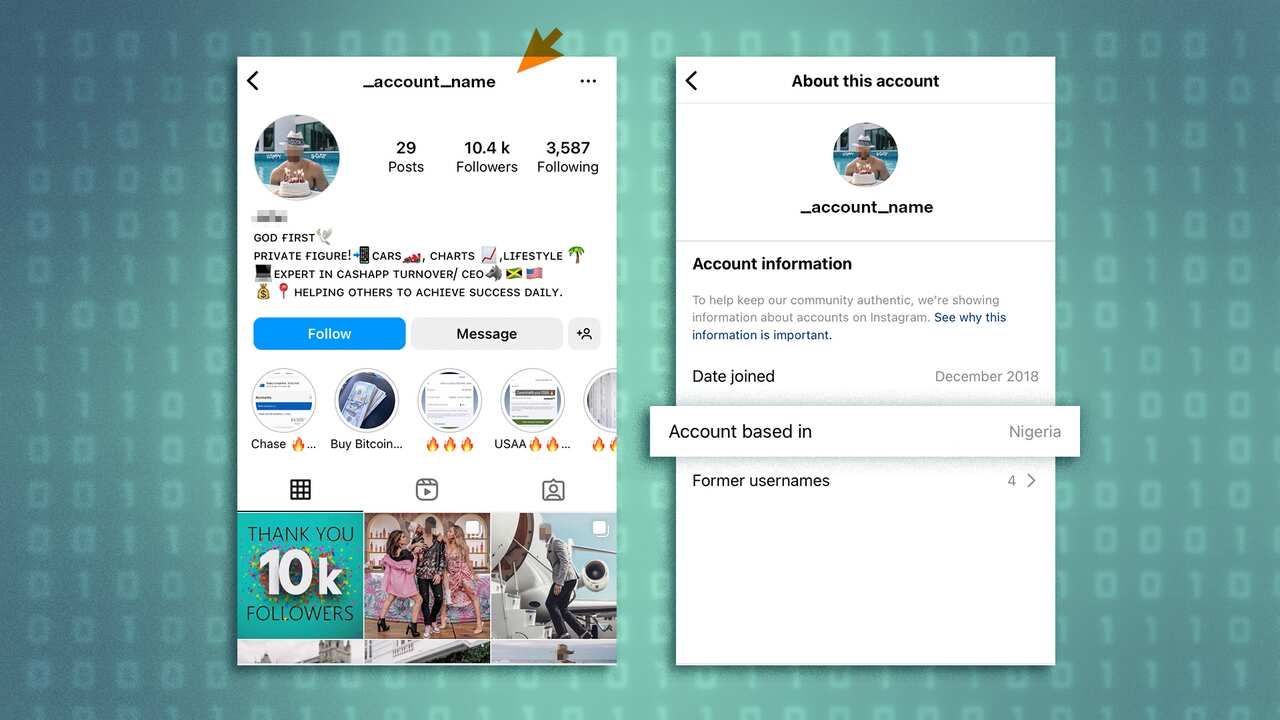 An instruction guide on how to find out the location of an Instagram profile