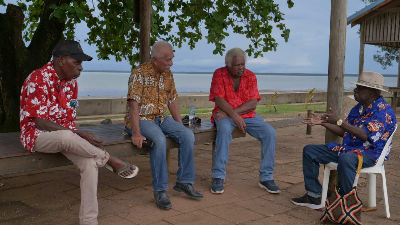 Uncle Lalaitie Gilbert Akiba, Anote Tong, Uncle Keri Akiba and Uncle Fred Pabai discussing climate impacts.JPG