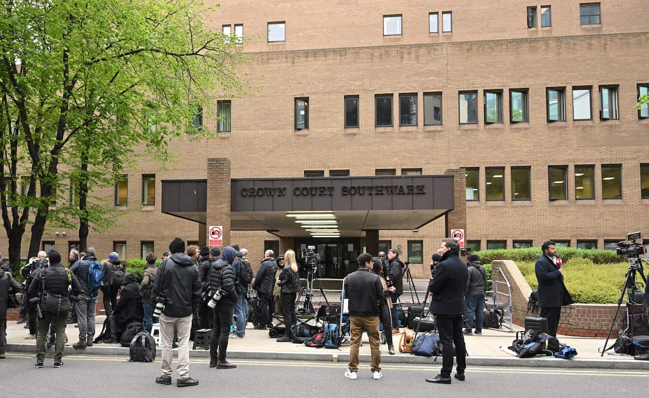 A crowd outside a building.