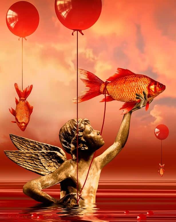 Artwork featuring a gold statue of a boy with wings holding up a goldfish with his left hand. The fish has a red cord around its tail. Another fish with a red cord around its tail is suspended by a balloon