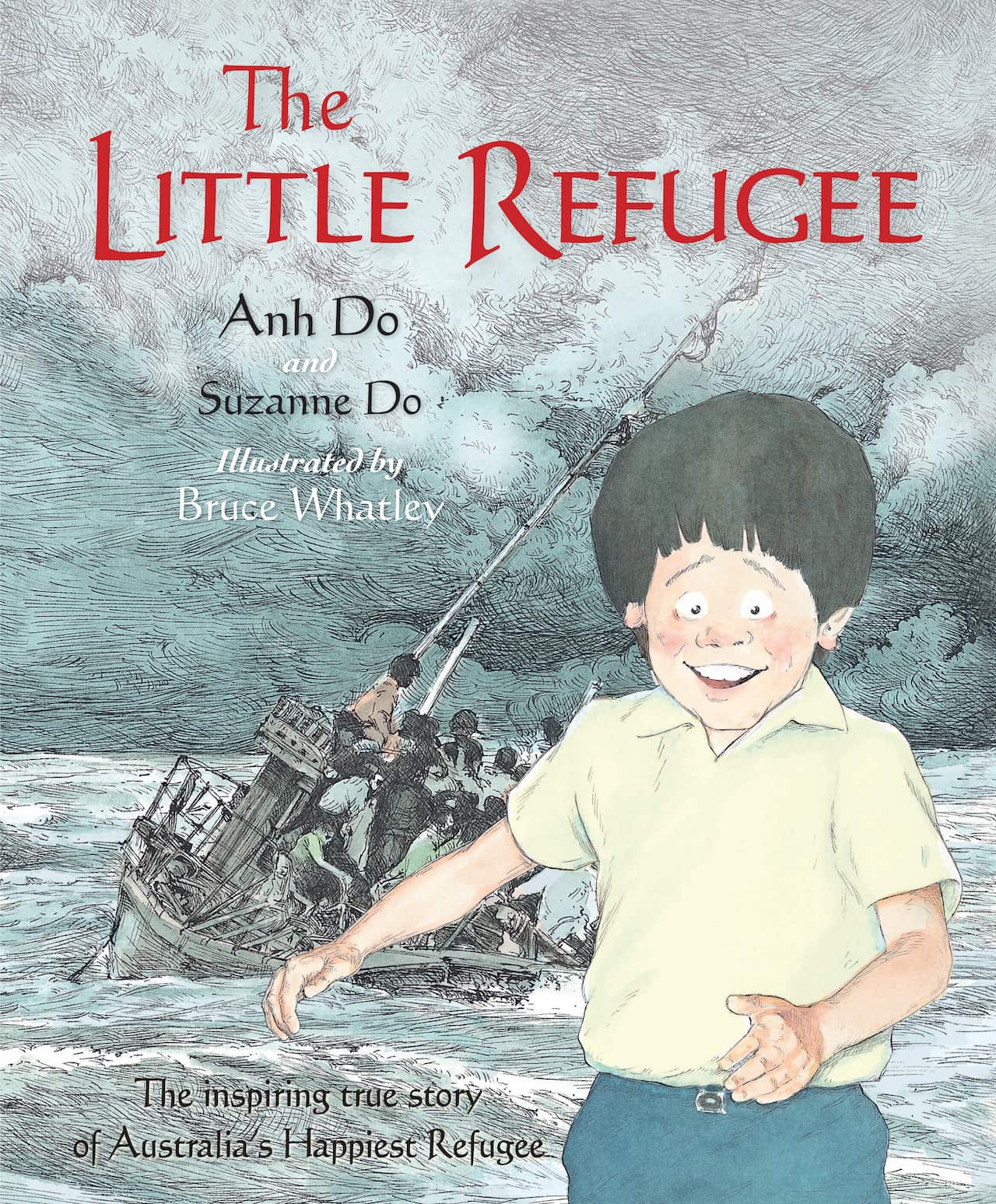 Cover of a book called The Little Refugee showing a young boy with a boat in the background.
