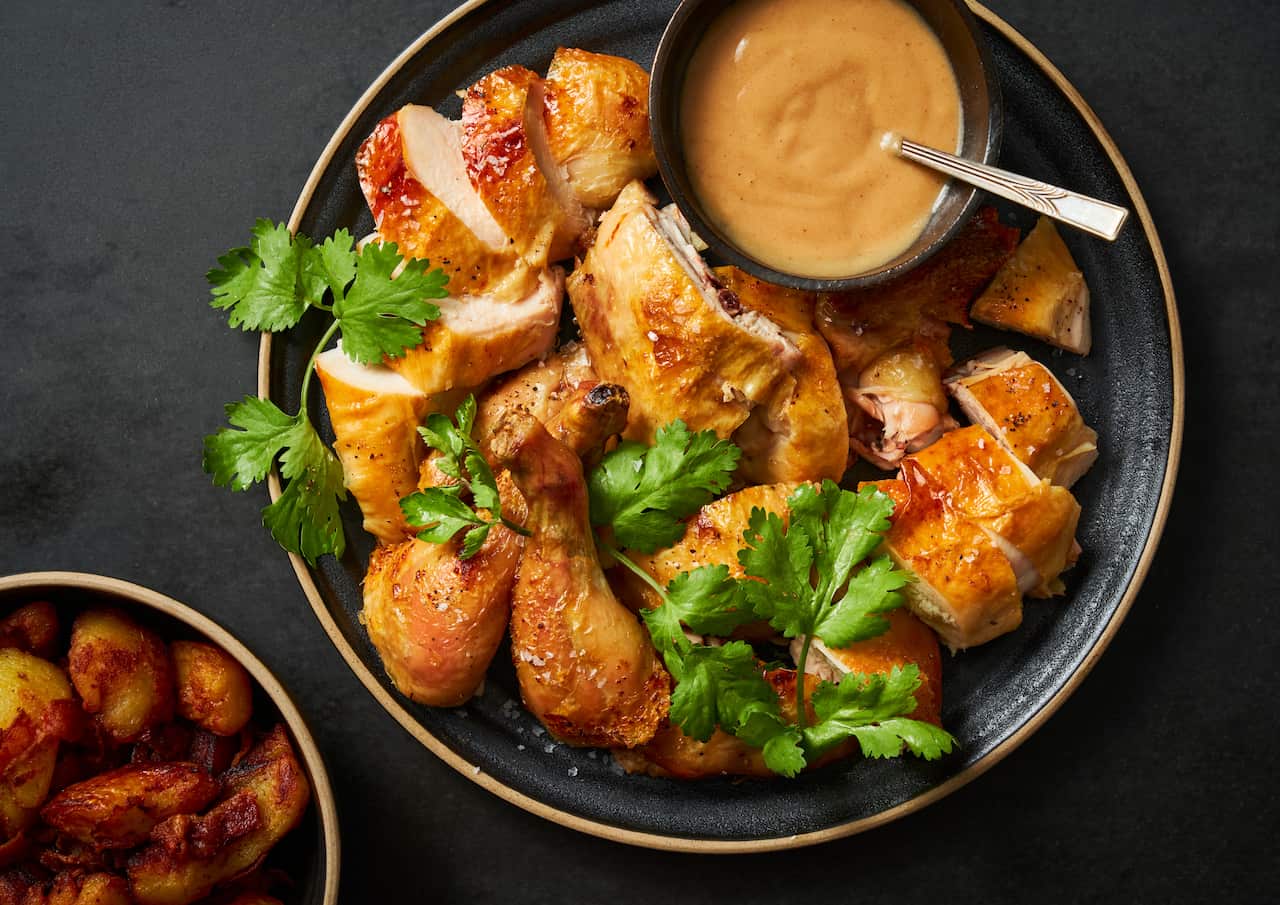 Roast chicken, five-spice gravy & bacon fat potatoes