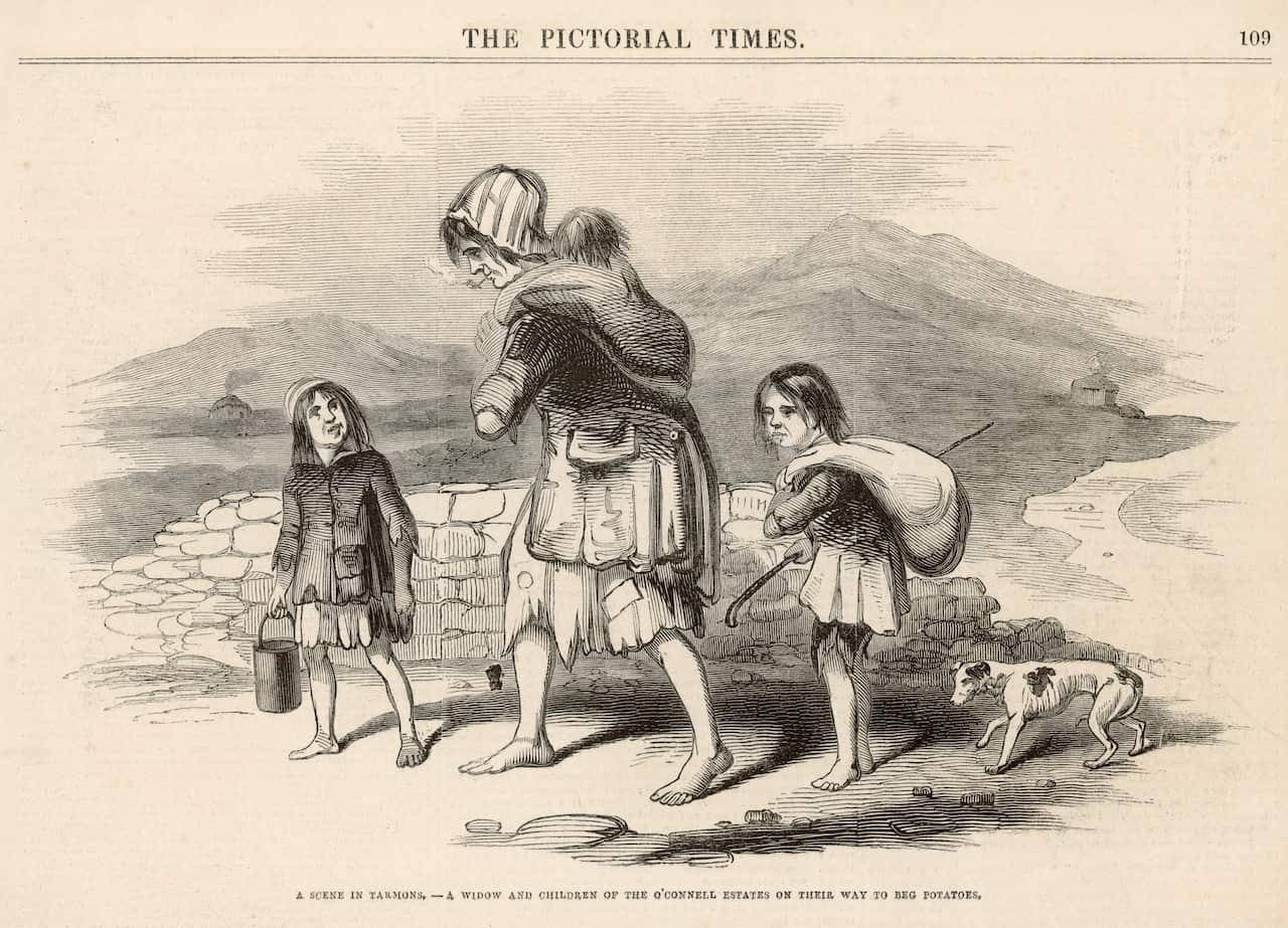 A drawing from the 1840s showing an Irish woman and her children holding sacks and walking barefoot. 