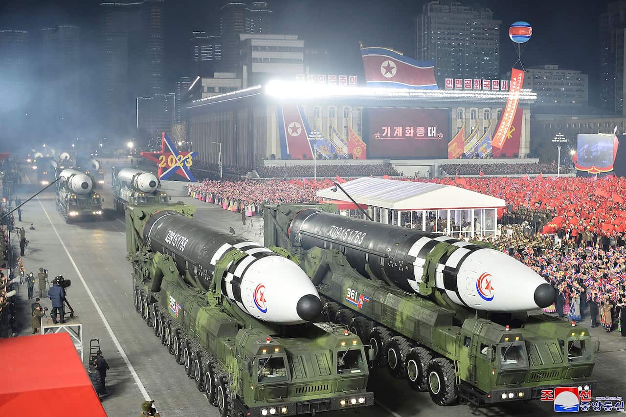 This photo provided by the North Korean government shows what it says are Hwasong-17 intercontinental ballistic missiles during a military parade on 8 February 2023.