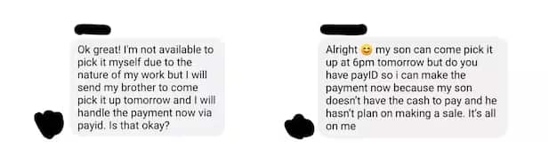 Examples of PayID scam messages received via Facebook Marketplace.