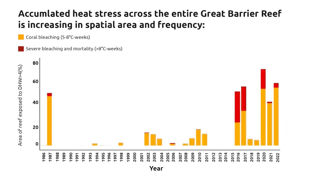Graph of accumulated heat stress map across the Great Barrier Reef from 1996-2022