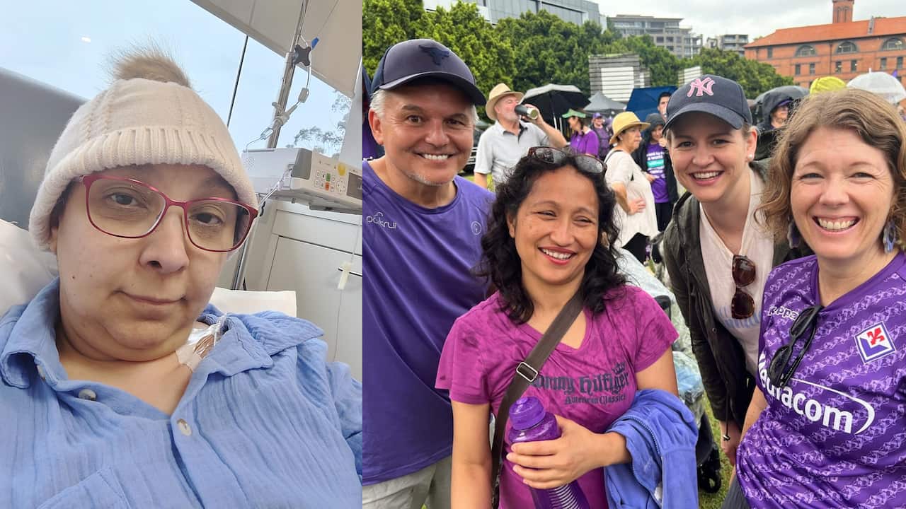 A composite image showing a woman wearing a beanie and glasses in a hospital room on the left, and on the right a picture of four people at an outdoor event, smiling at the camera.