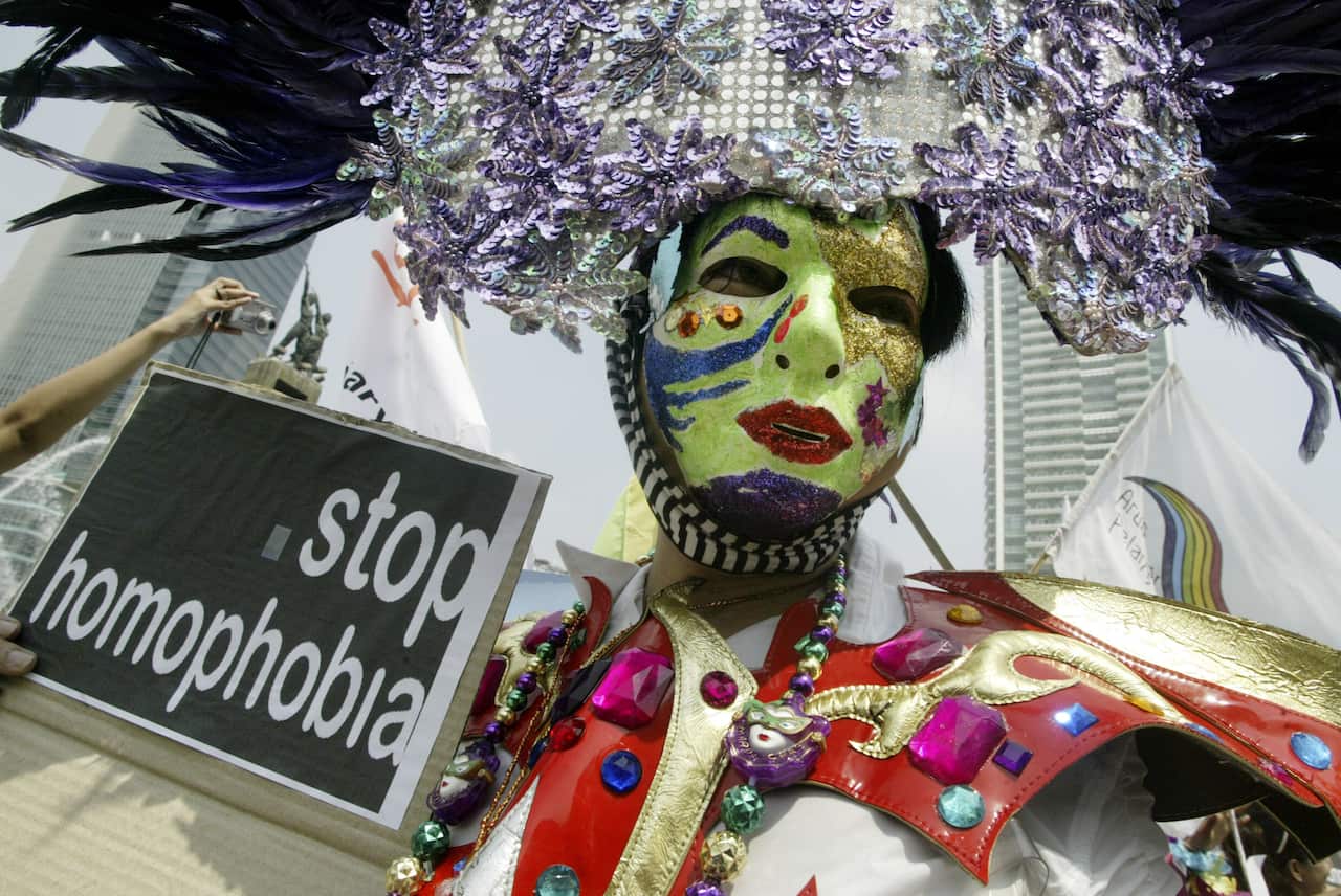 A campaigner on a previous International Day Against Homophobia in Indonesia (AAP).jpg