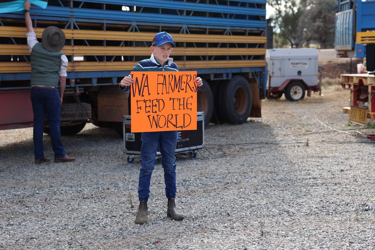 A boy stands in front of a sheep truck. He is holding an orange sign featuring the words 'WA farmers feed the world'.