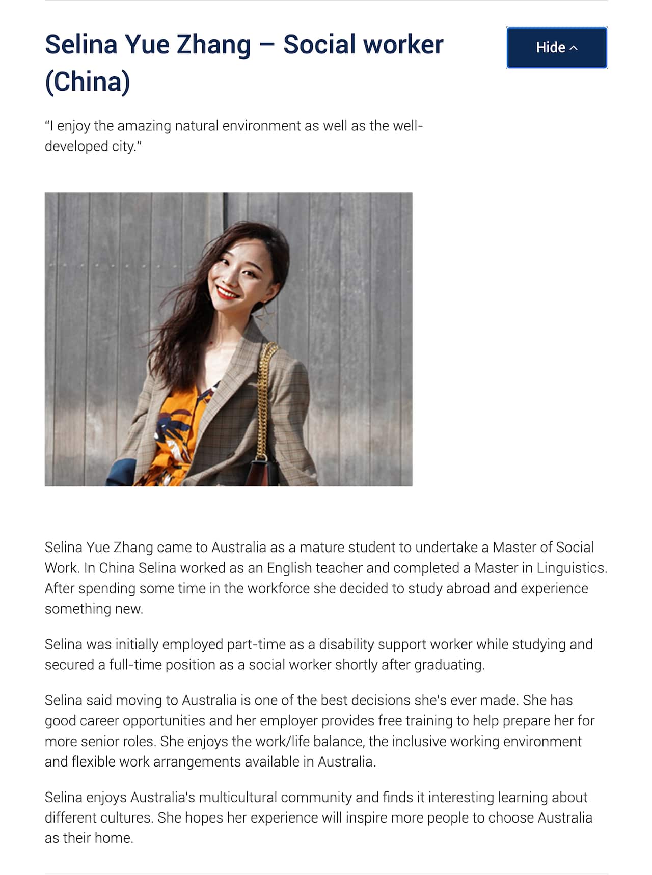 Selina的经历被分享在移民局官网