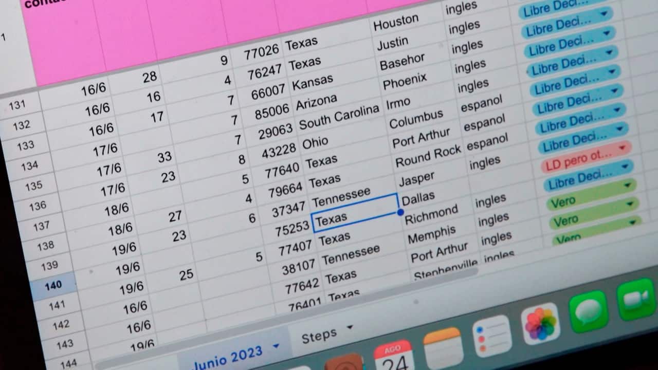 A screen showing a spreadsheet divided into several columns filled with data