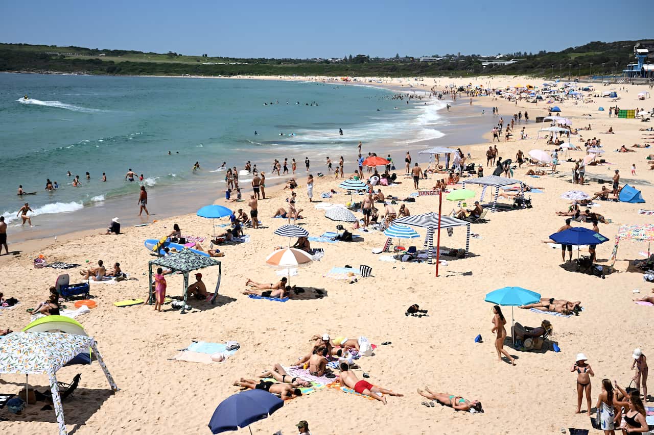A large assortment of beachgoers relaxing on a beach 