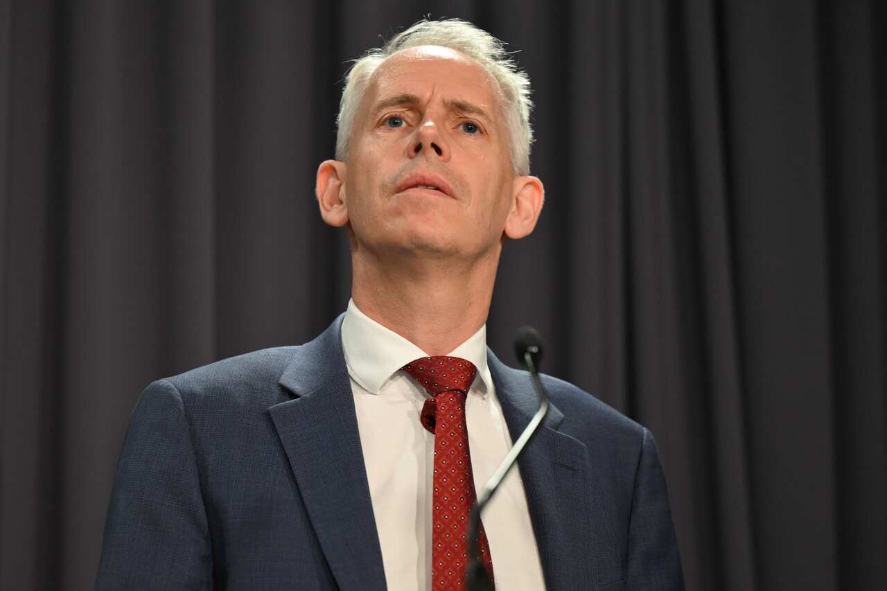 Andrew Giles at a press conference.