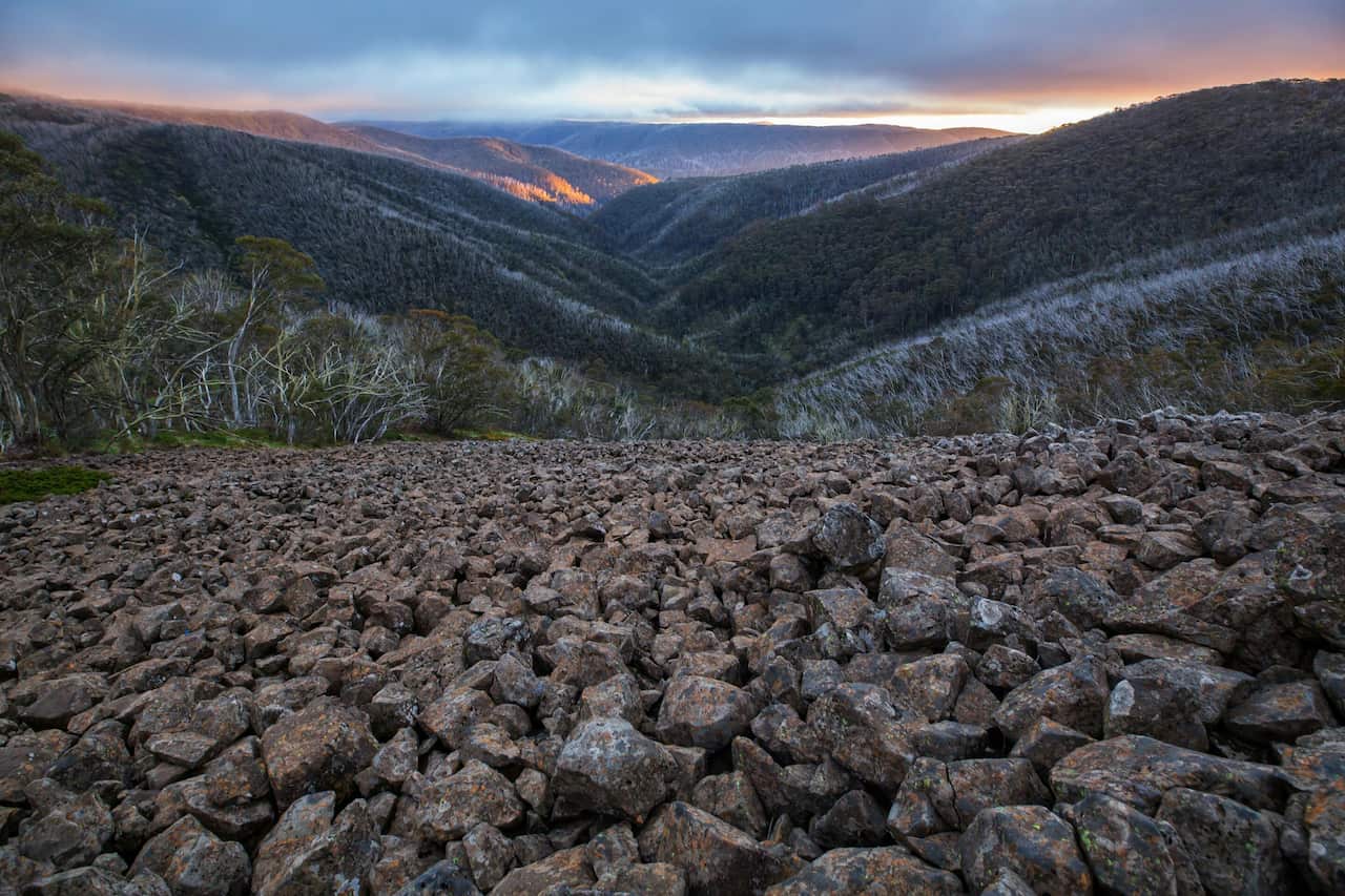 A view of the mountainous terrain in the Australian Alps.