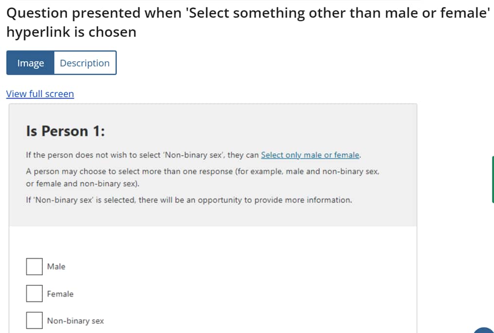 A copy of the 2021 Census question that asked people to identify as male, female or non-binary sex.
