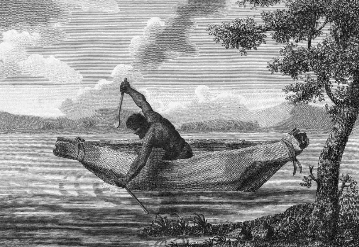Engraving of Aboriginal resistance leader Pemulwuy in a canoe