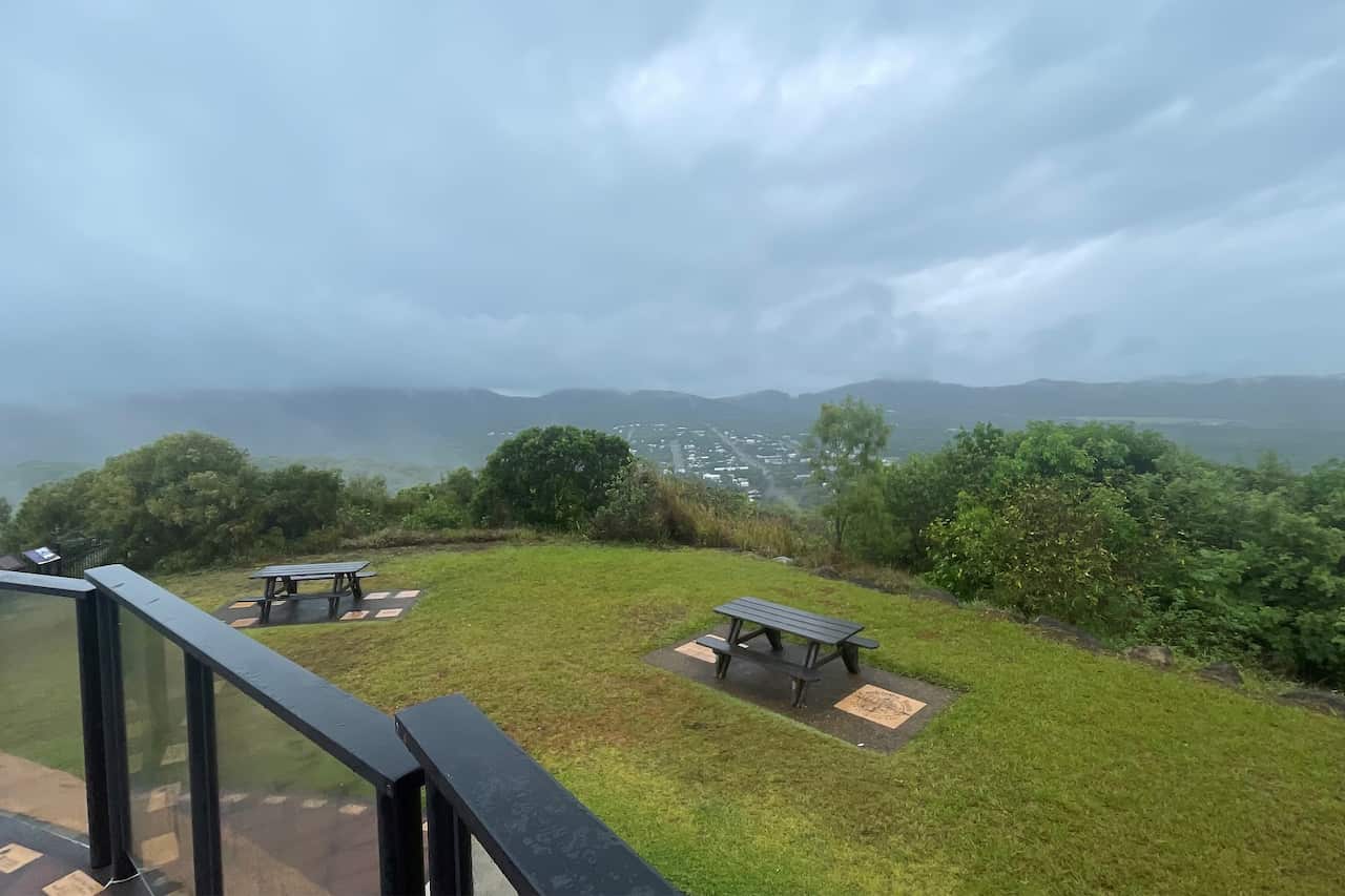 Grey skies over a town.