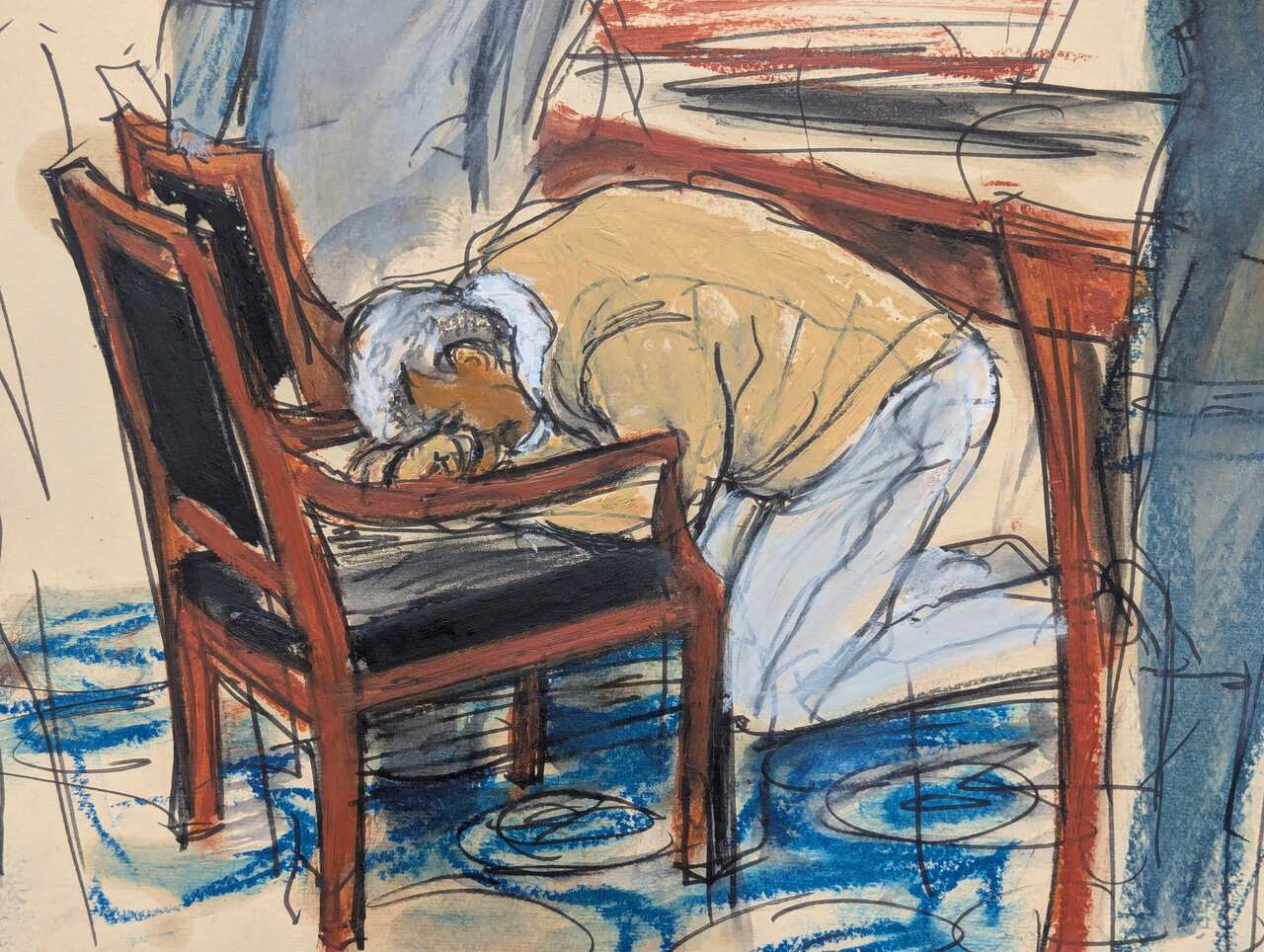 A courtroom sketch of a man on his knees with his head against his hand on a chair.