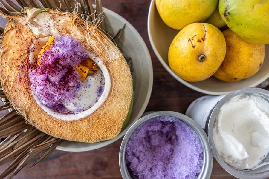 Mareeba mango, miso and honey cream, coconut sorbet, hibiscus and young coconut granita