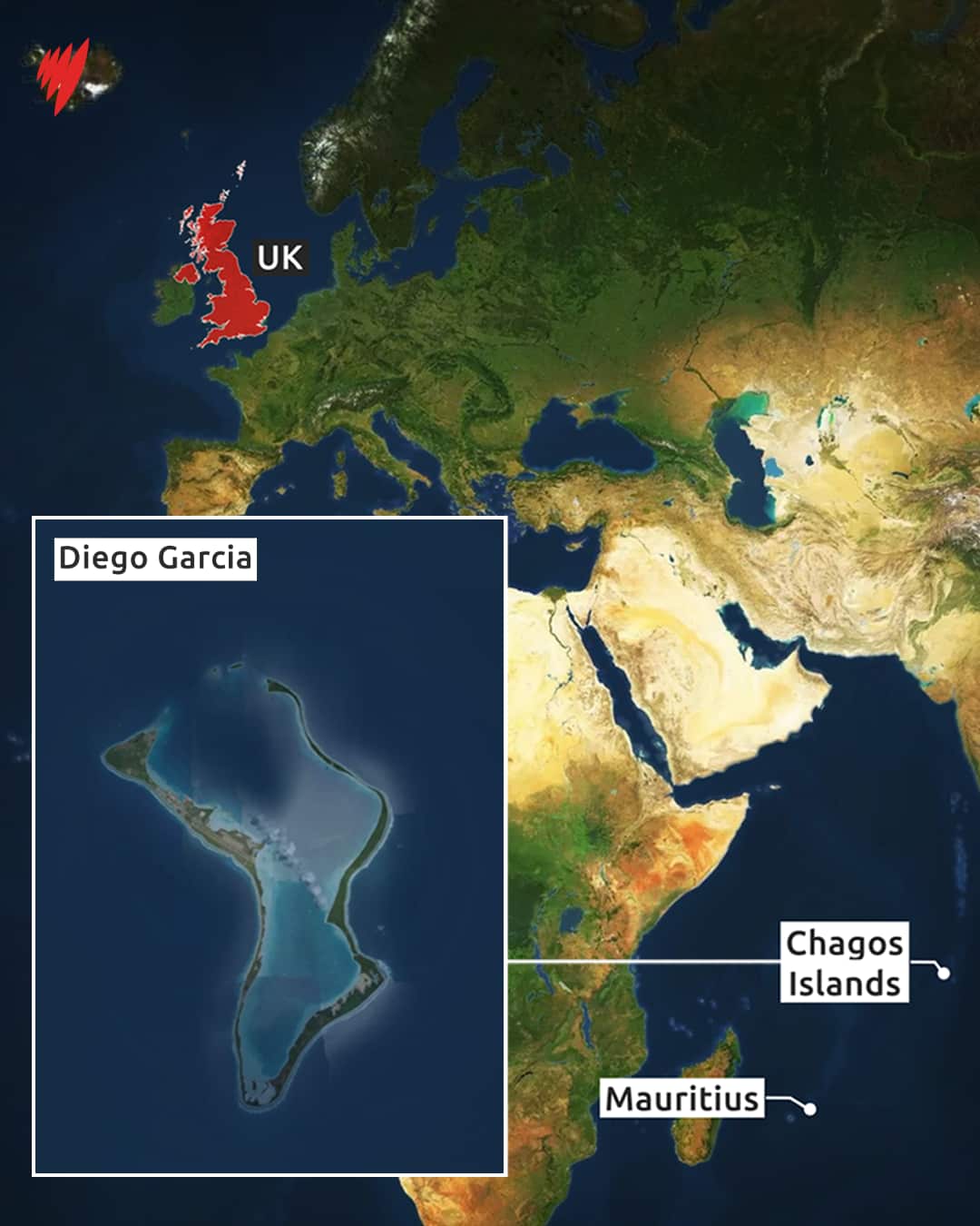 A map showing the Chagos Islands with the UK and Mauritius as reference points.